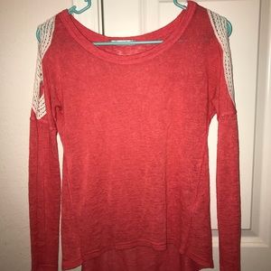 Coral Sweater with Crocheted Shoulder Detail